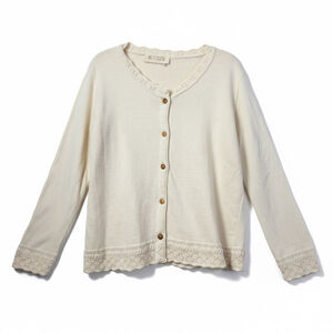 Vintage Cream Knit Cardigan Scalloped Lace Trim Button Up Sweater CottageCore XL